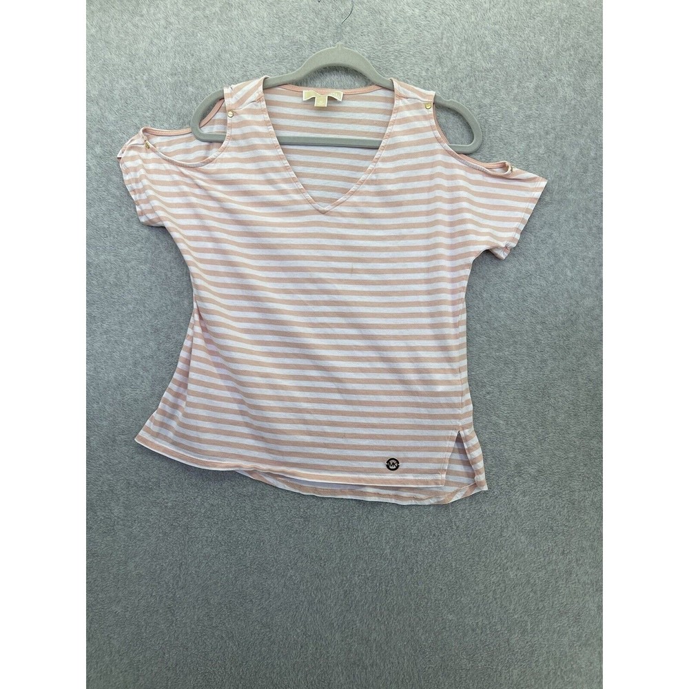 MK Michael Kors Women's Cold Shoulder Blouse Striped Size Medium Cotton Blend